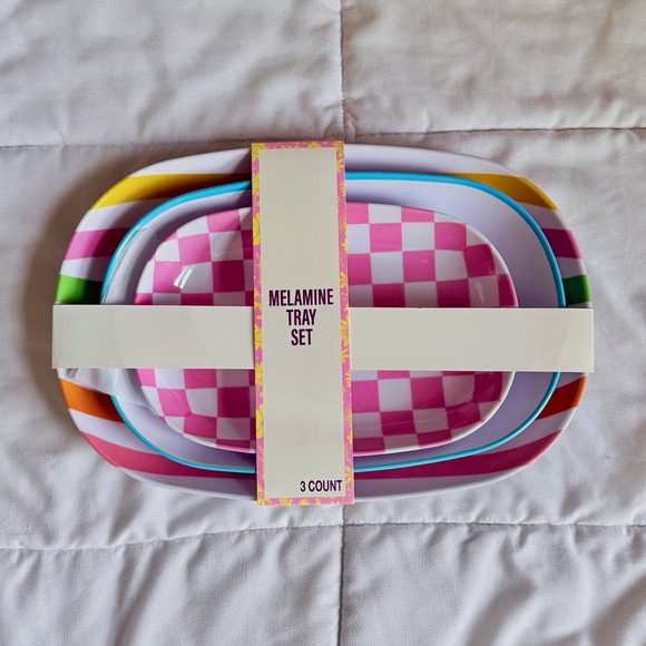 Festive Voice Other - Bright, Fun 3 Melamine Serving Tray Set 3pc Rounded Rectangle Pink Checkered NEW